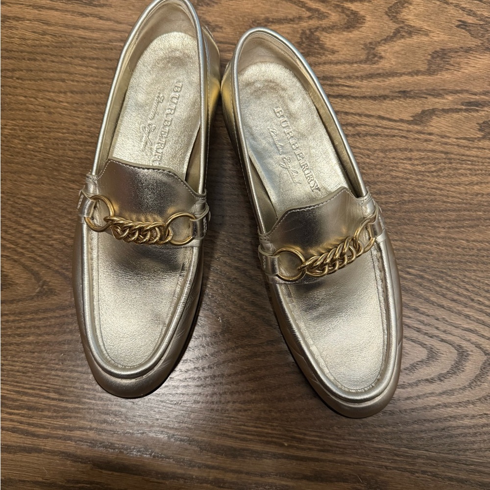 Burberry Metallic Gold Chain Loafers